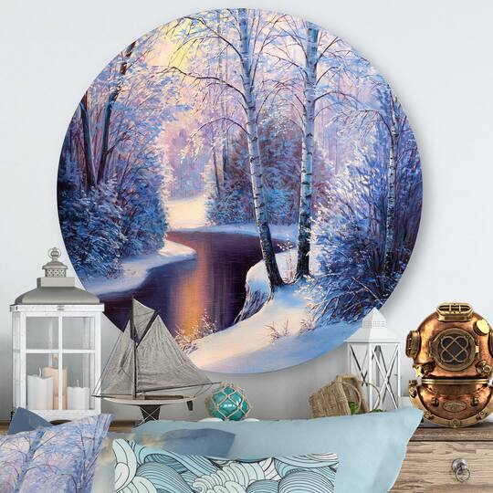 Designart - Christmas Forest With River and Trees I - Traditional Metal Circle Wall Art